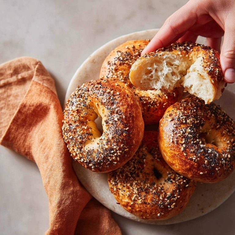 Homemade everything bagels, with a hand tearing one open to reveal a fluffy, chewy interior texture.