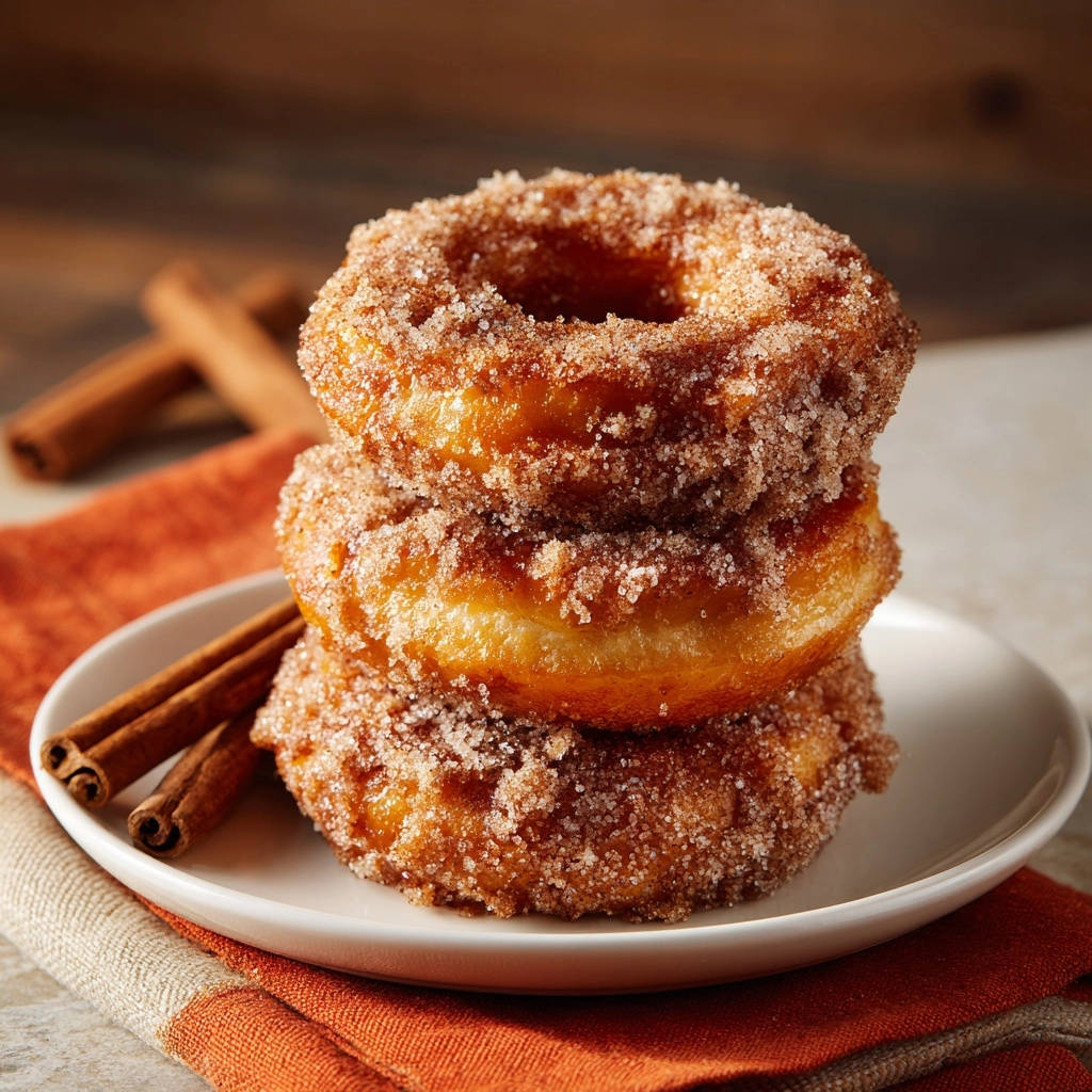 Fluffy cinnamon sugar donuts stacked on a white plate with cinnamon sticks, showcasing a tempting texture.