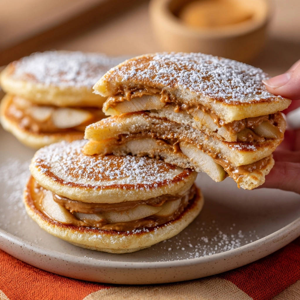 Fluffy pear and peanut butter stuffed pancakes shown in a close-up cross-section revealing layers of filling.