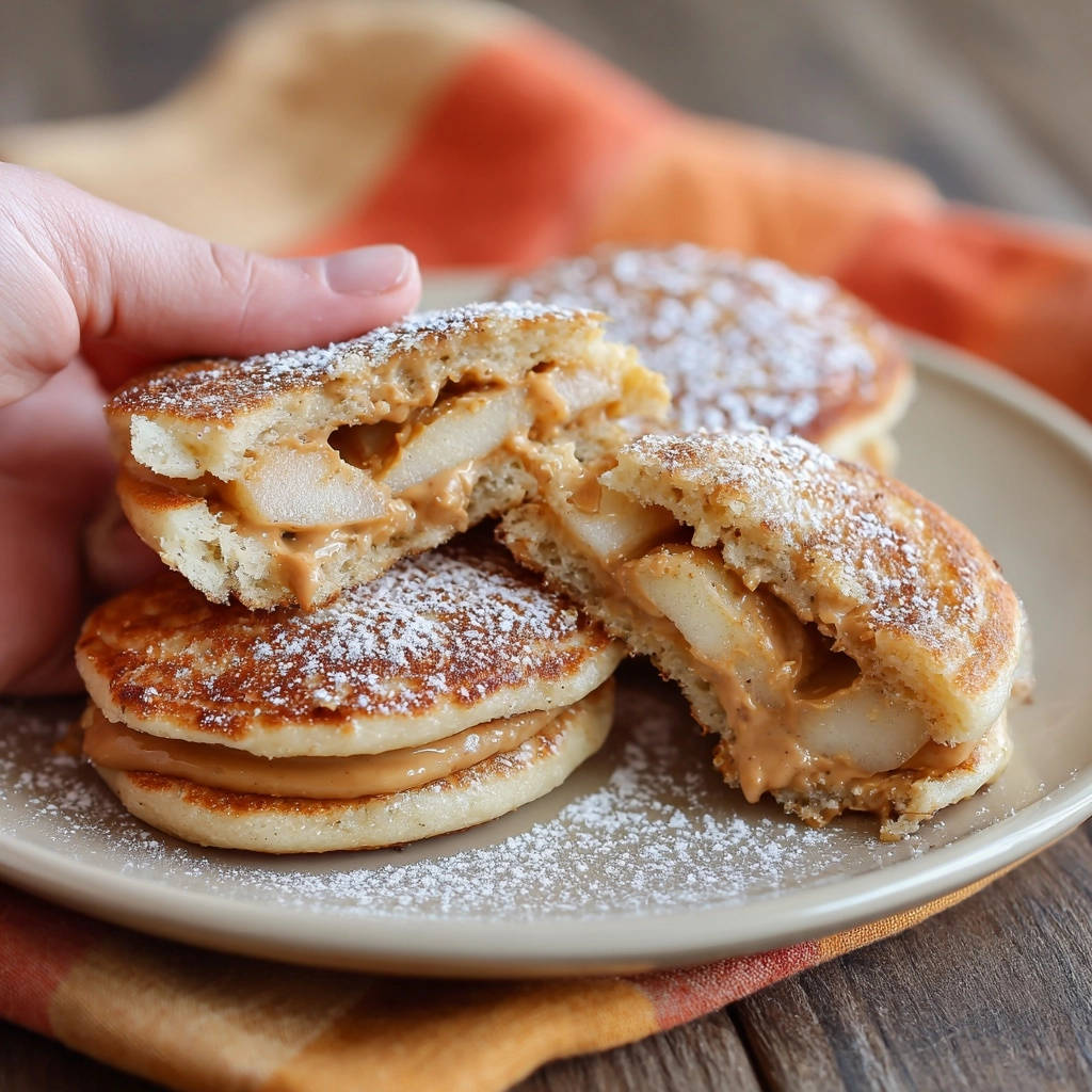 Fluffy pear & peanut butter stuffed pancakes shown in a close-up cross-section revealing the sweet filling.