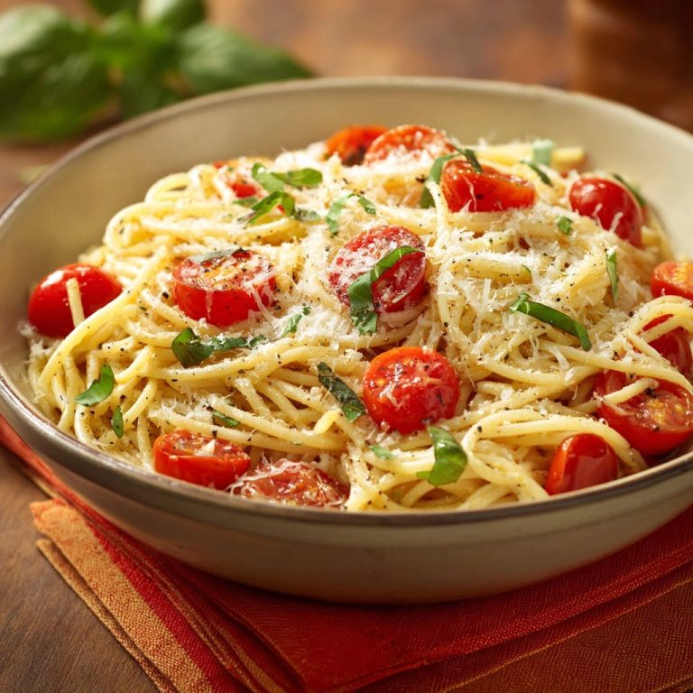 Fresh tomato basil spaghetti served in a bowl, topped with grated cheese and fresh basil.