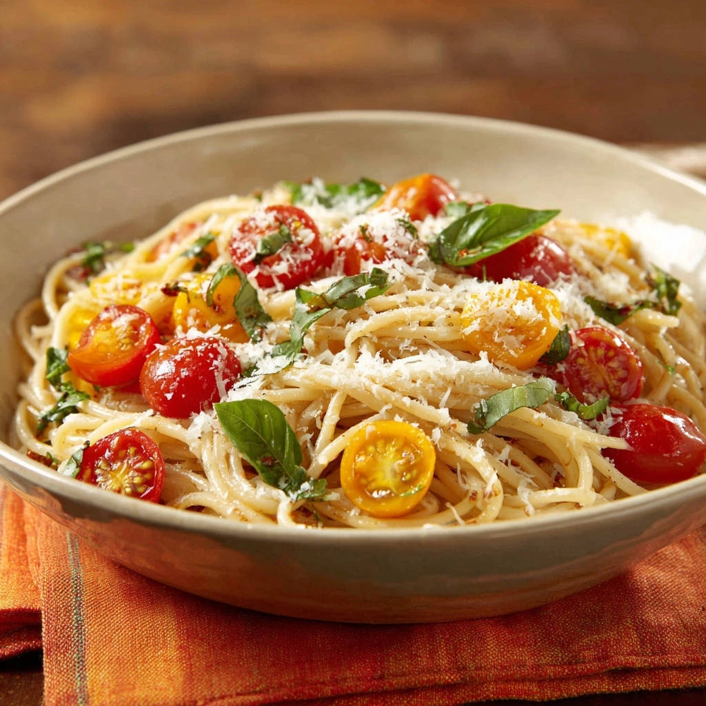 Fresh tomato basil spaghetti served in a bowl, showcasing cherry tomatoes, basil, and grated cheese.