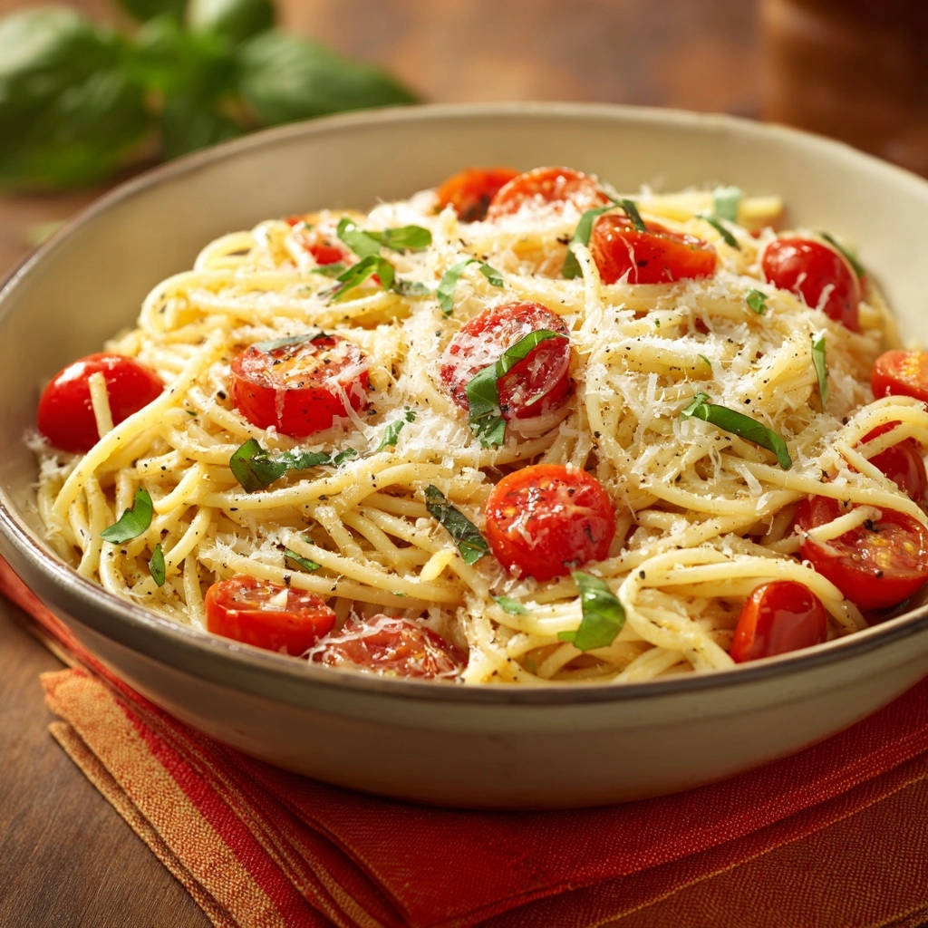 Fresh tomato basil spaghetti served in a bowl, topped with grated cheese and fresh basil.