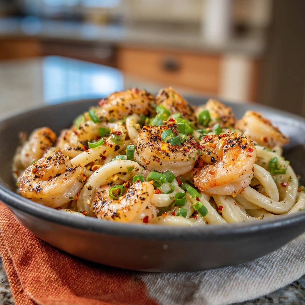 Garlic chili shrimp udon in a dark bowl, showcasing tender shrimp and thick noodles with a sprinkle of green onions.