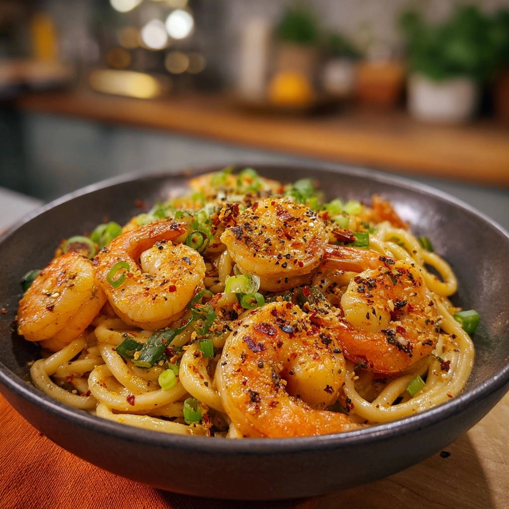 Garlic chili shrimp udon with a close-up view of plump shrimp and fresh green onion garnish.
