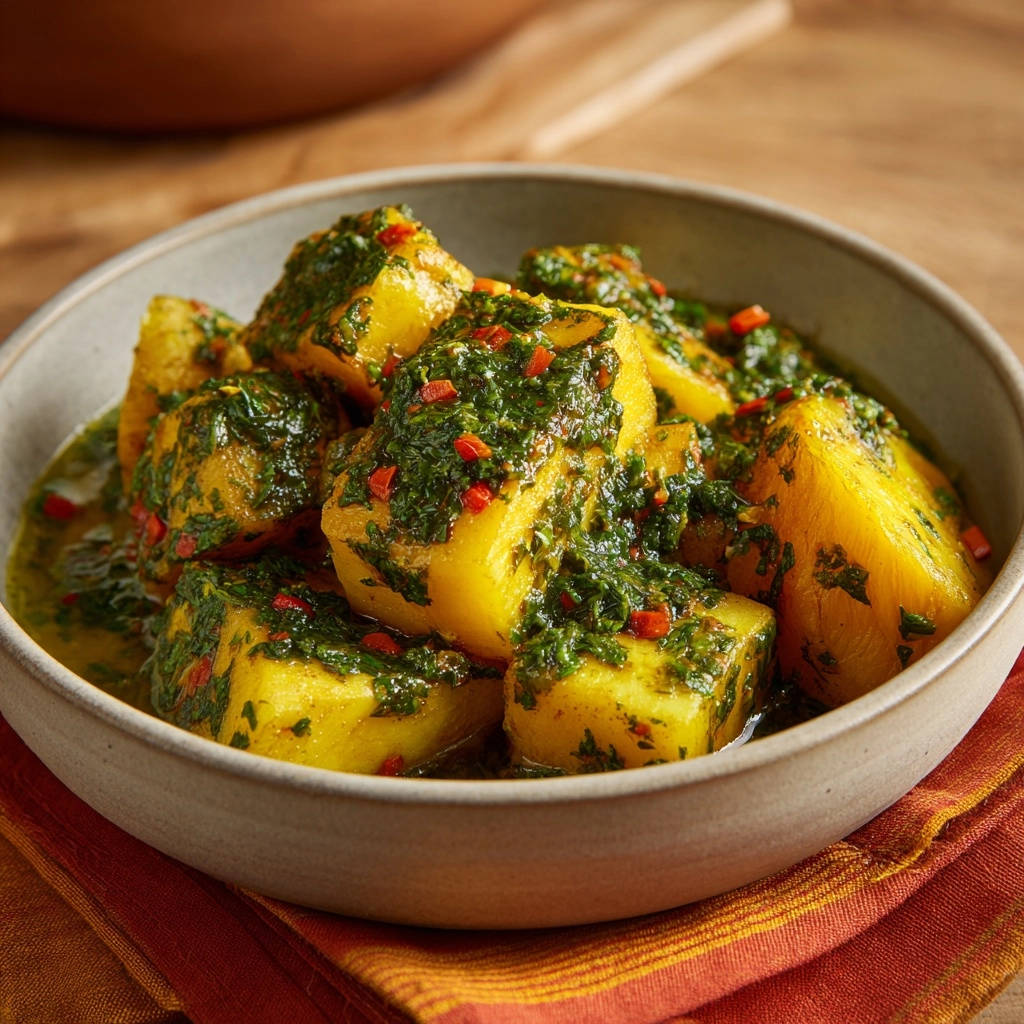 Garlicky herb potatoes served in a rustic bowl, showcasing a vibrant green herb sauce and red chili flakes.