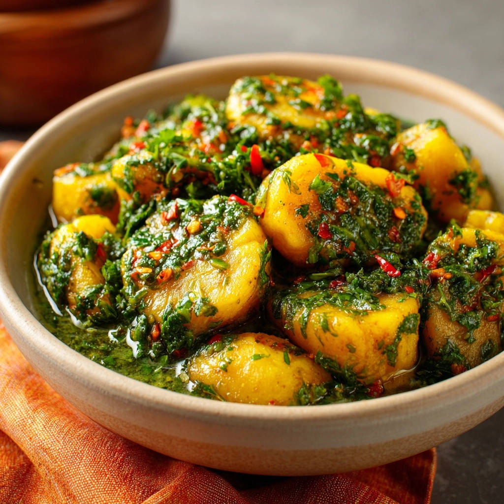 Garlicky herb potatoes served in a rustic bowl, showcasing a vibrant parsley and chili herb sauce.