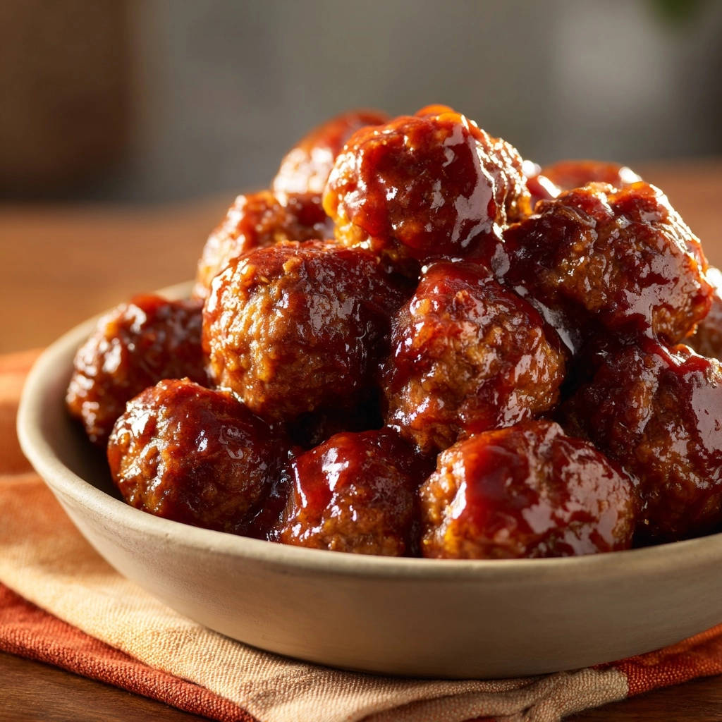 Glazed homestyle meatballs shown in a close-up view within a rustic bowl, glistening with sauce.