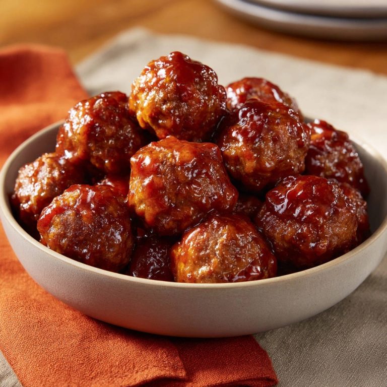 Glazed homestyle meatballs in a bowl, showing their tender and juicy texture with a rich glaze.