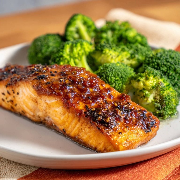 Glazed salmon and broccoli served on a white plate, showing a close-up detail of the flaky fish and vibrant florets.