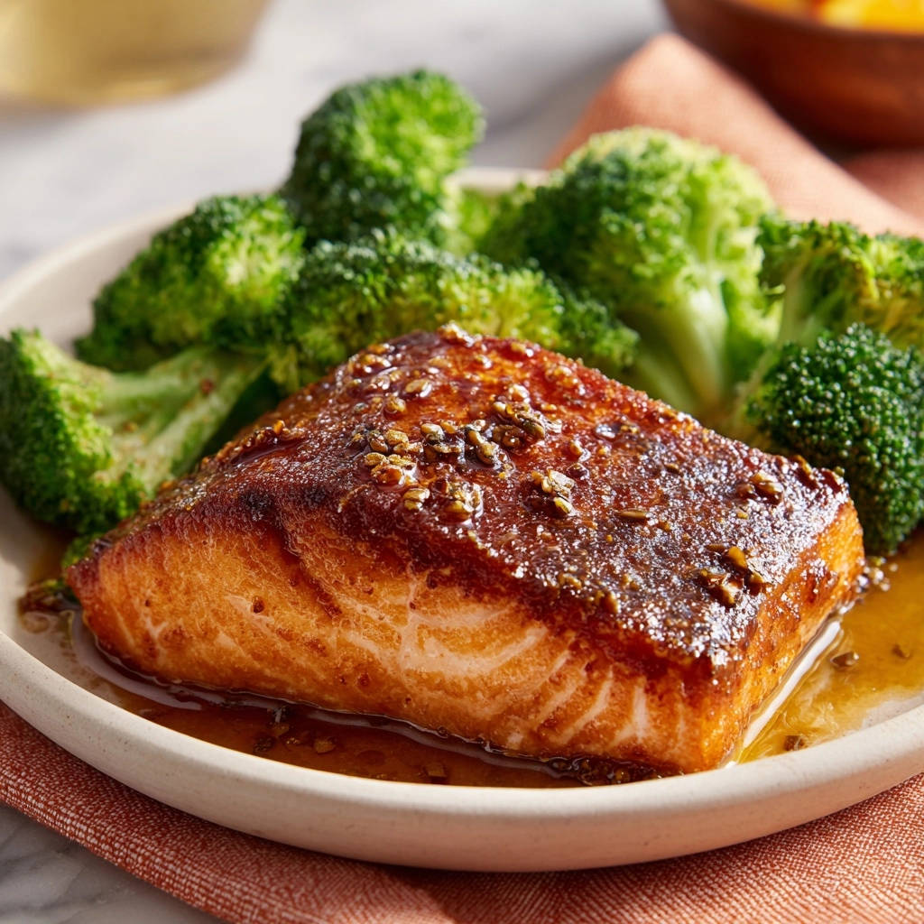 Glazed salmon and broccoli plated close-up, showing the flaky texture of the fish and glistening sauce.