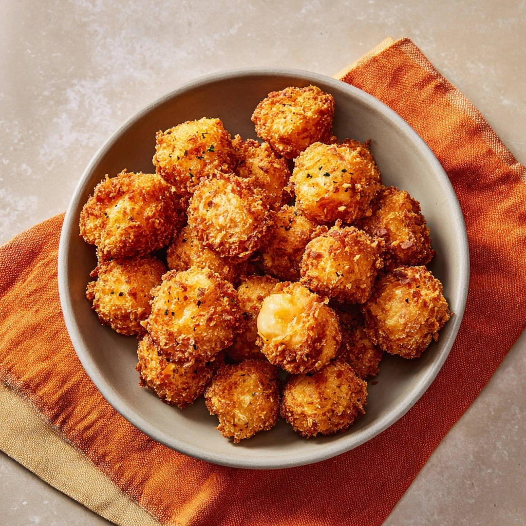 Golden cheese bites in a bowl, featuring a close-up view showcasing their textured, golden-brown coating.