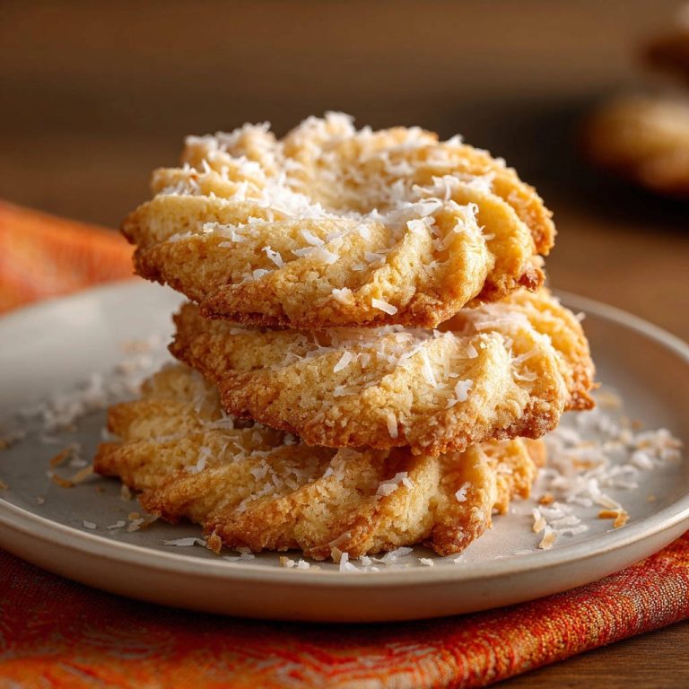 Golden coconut cookies, perfectly soft and moist bites, stacked in a close-up view on a plate with shredded coconut.