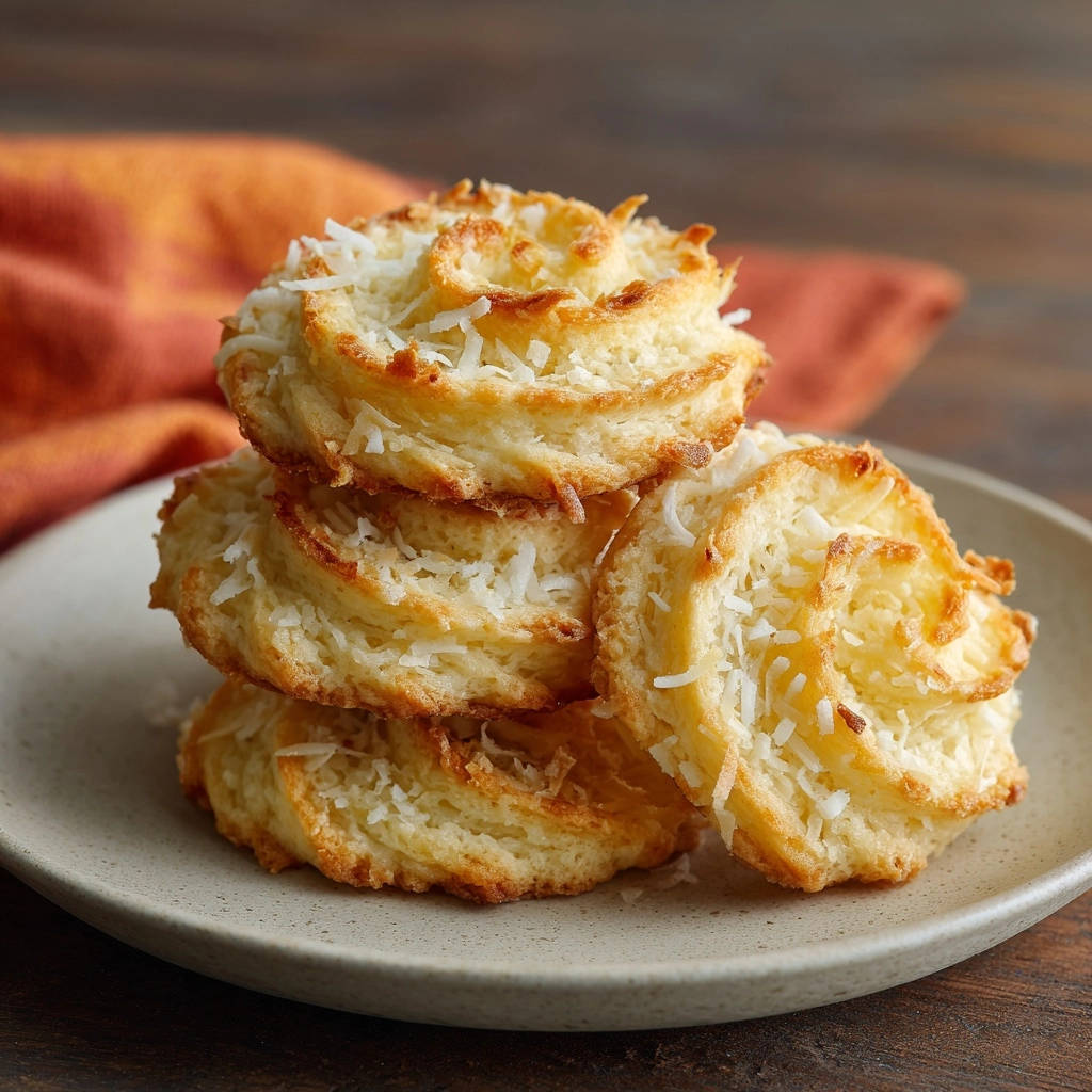 Golden coconut cookies stacked on a plate, sprinkled with shredded coconut, with an orange napkin in the background.