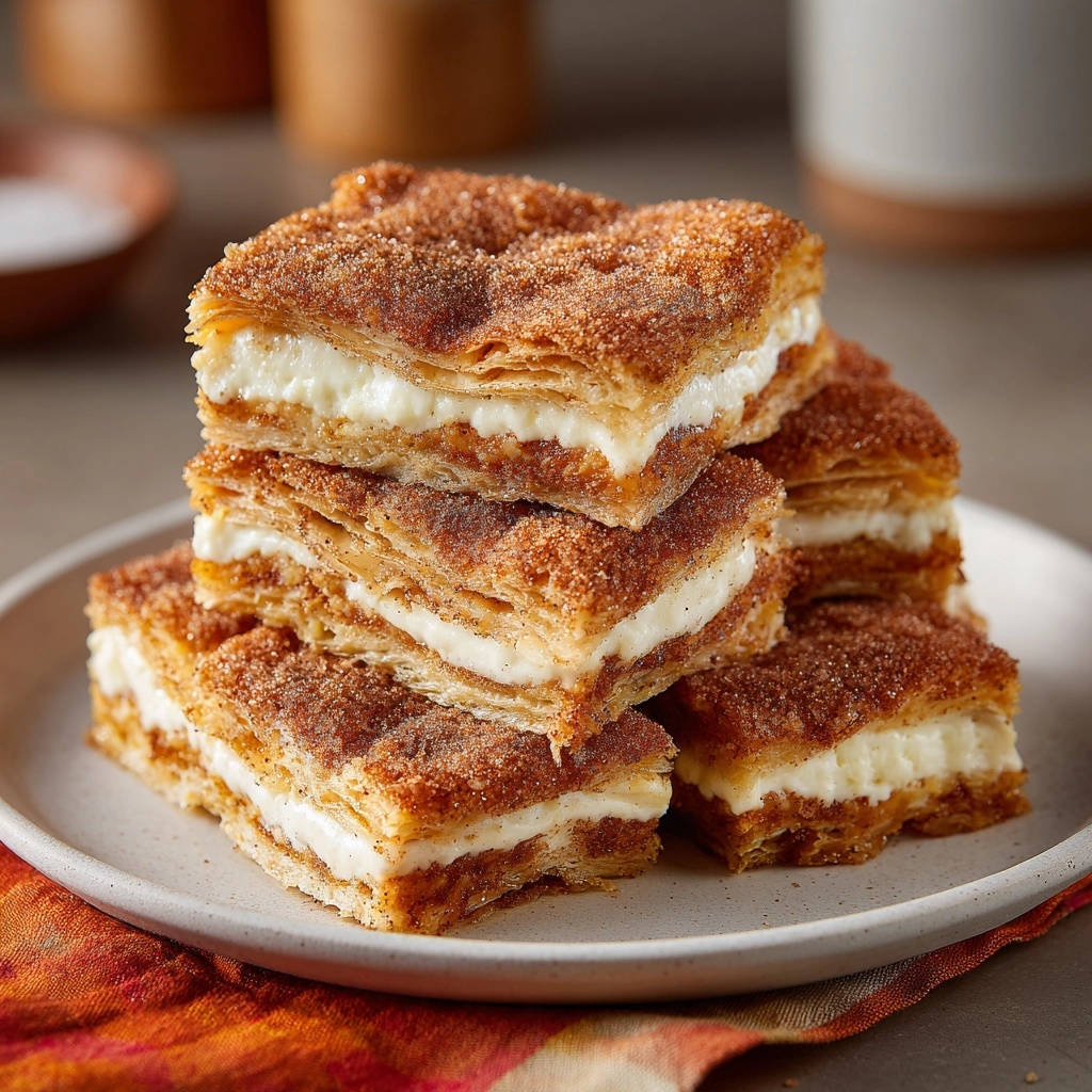 Golden cream cheese pastry bites stacked, showing a detailed cross-section of flaky layers and creamy filling.