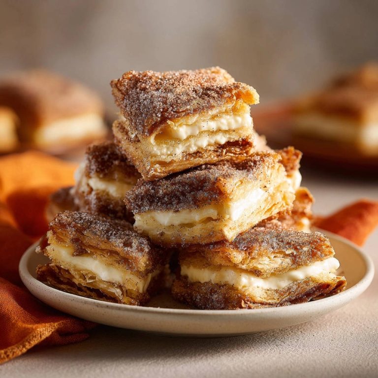 Golden cream cheese pastry bites stacked high, showing a detailed cross-section of the flaky pastry and creamy filling.