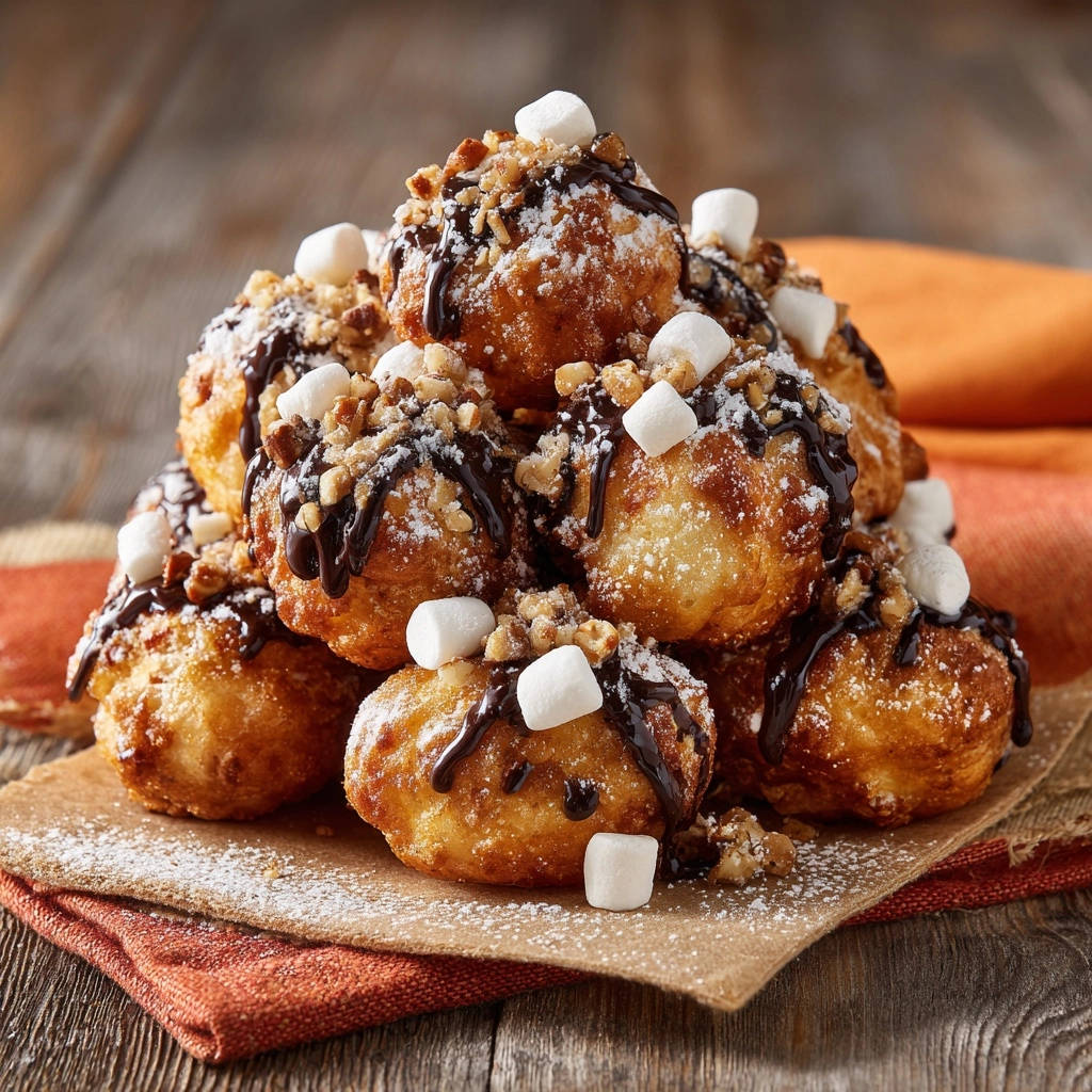 Golden fried dough bites stacked high, drizzled with chocolate, sprinkled with nuts and marshmallows, and dusted with powdered sugar.