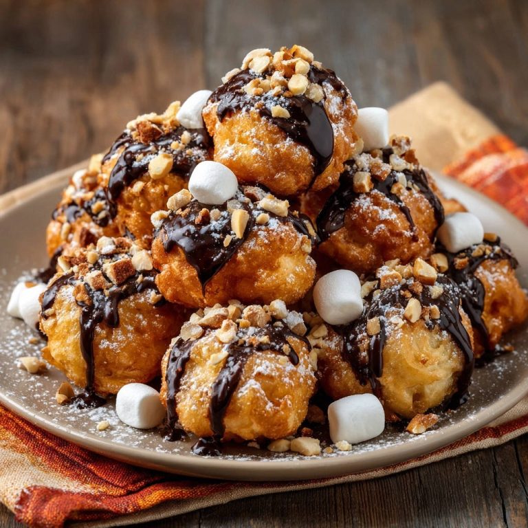Golden fried dough bites stacked high and drizzled with chocolate sauce, sprinkled with nuts and powdered sugar.