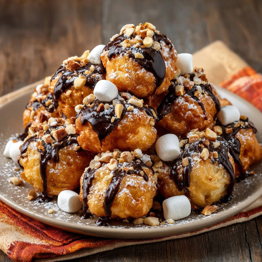 Golden fried dough bites stacked high and drizzled with chocolate sauce, sprinkled with nuts and powdered sugar.