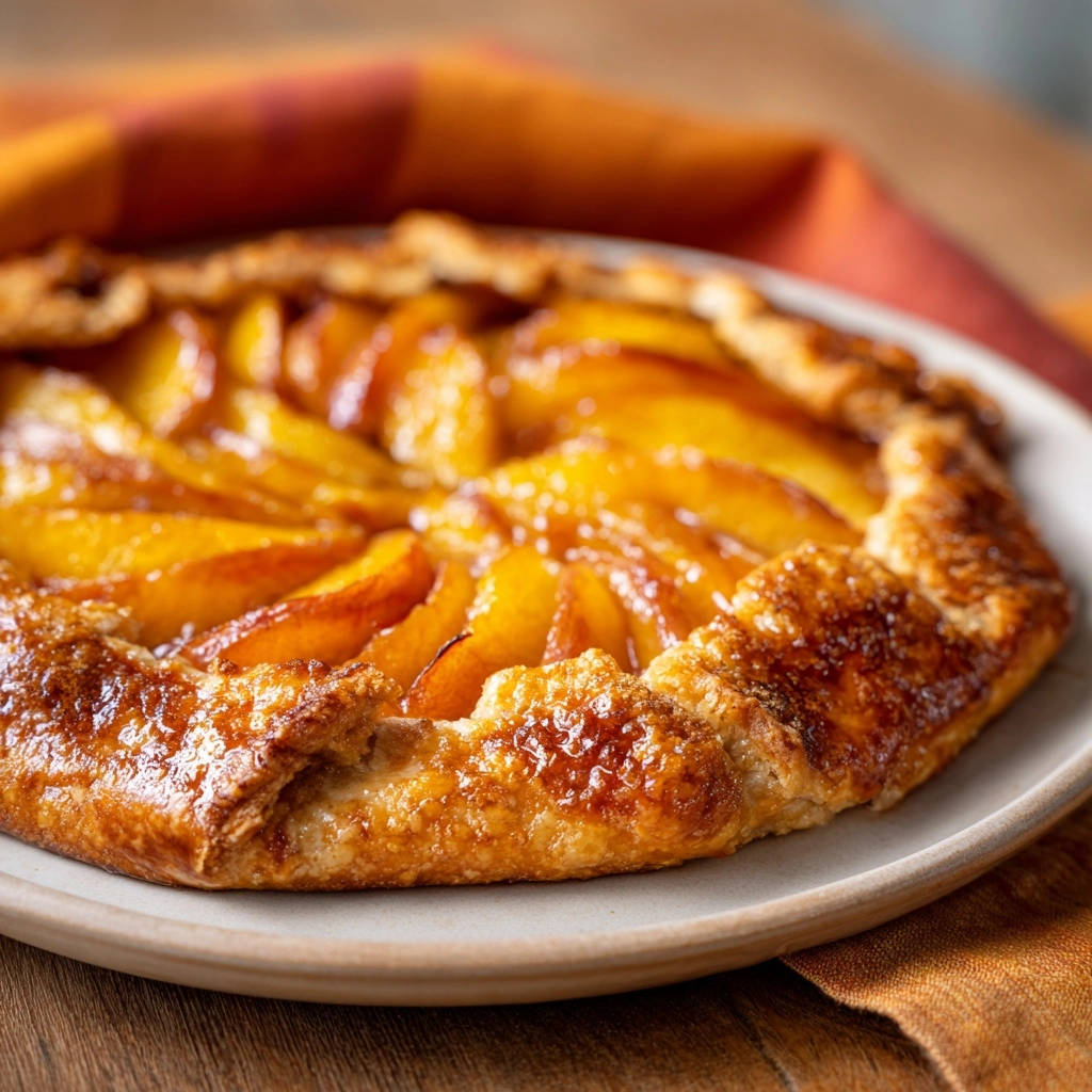 Golden peach galette with a rustic, folded crust, showcasing the juicy, caramelized peach filling up close.