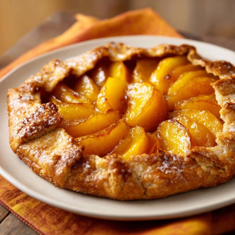 Golden peach galette featuring a close-up of its flaky, golden-brown crust with visible sugar crystals.