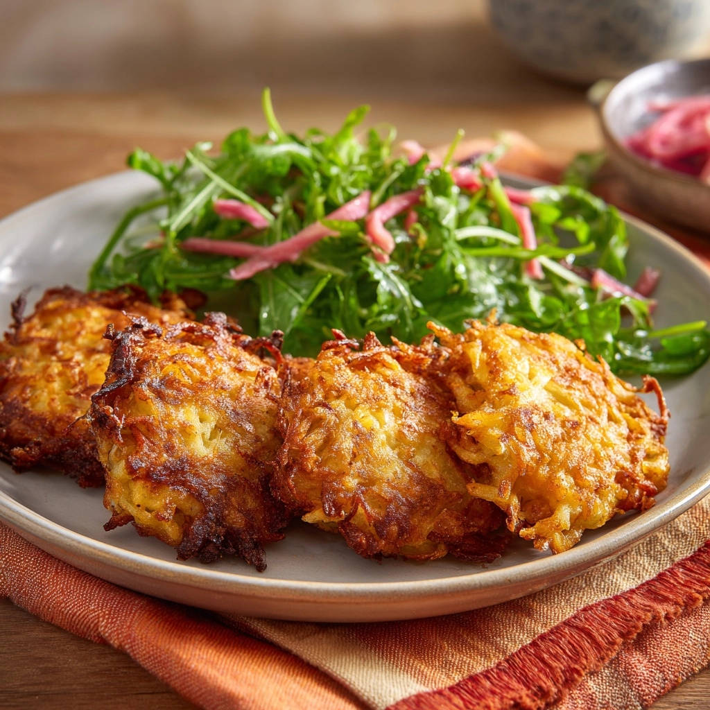 Golden potato pancakes plated with a side view, showcasing their textured surface and a fresh arugula salad.