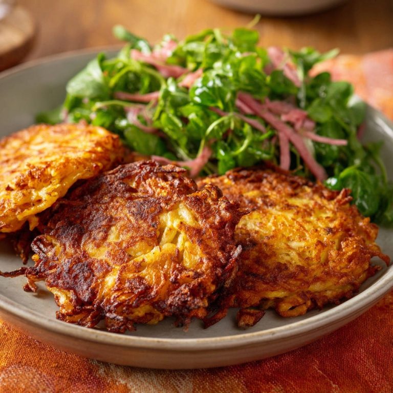 Golden potato pancakes plated with a side view of fresh greens and pink onions.