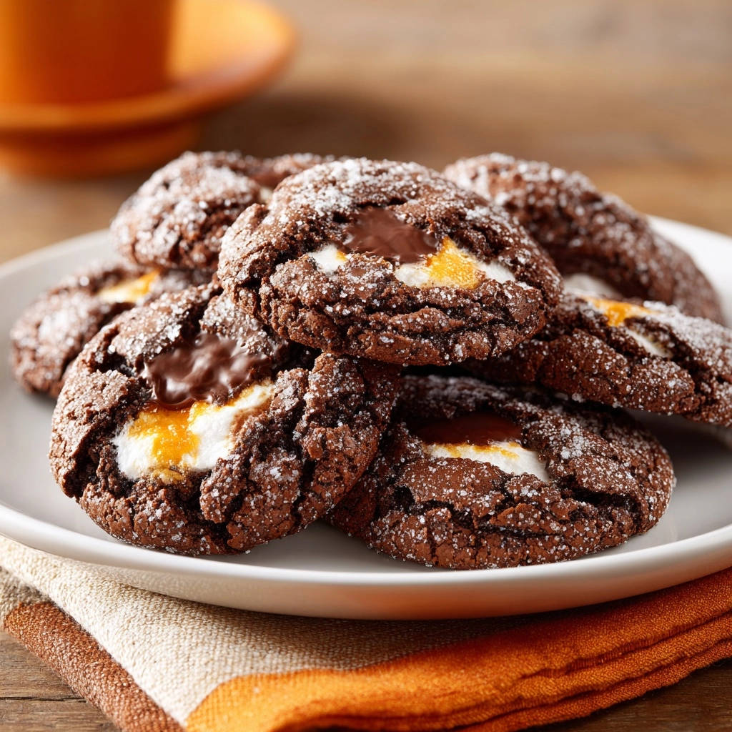 Gooey chocolate marshmallow cookies with a melted marshmallow and chocolate pocket revealed in a close-up view.