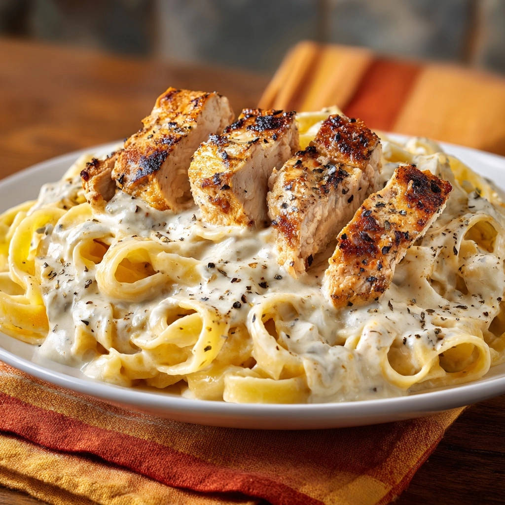 Grilled chicken alfredo featuring sliced grilled chicken pieces served atop creamy fettuccine alfredo pasta.