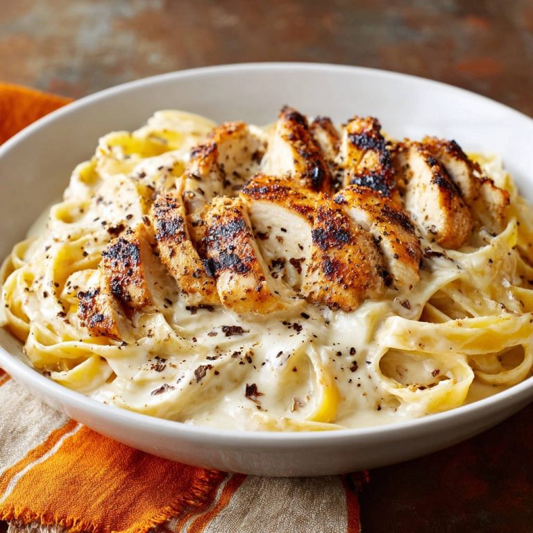 Grilled Chicken Alfredo featuring sliced chicken breast served over fettuccine pasta in a creamy sauce.