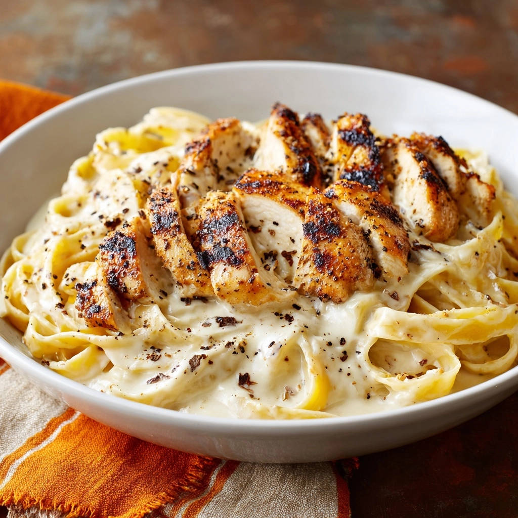 Grilled Chicken Alfredo featuring sliced chicken breast served over fettuccine pasta in a creamy sauce.
