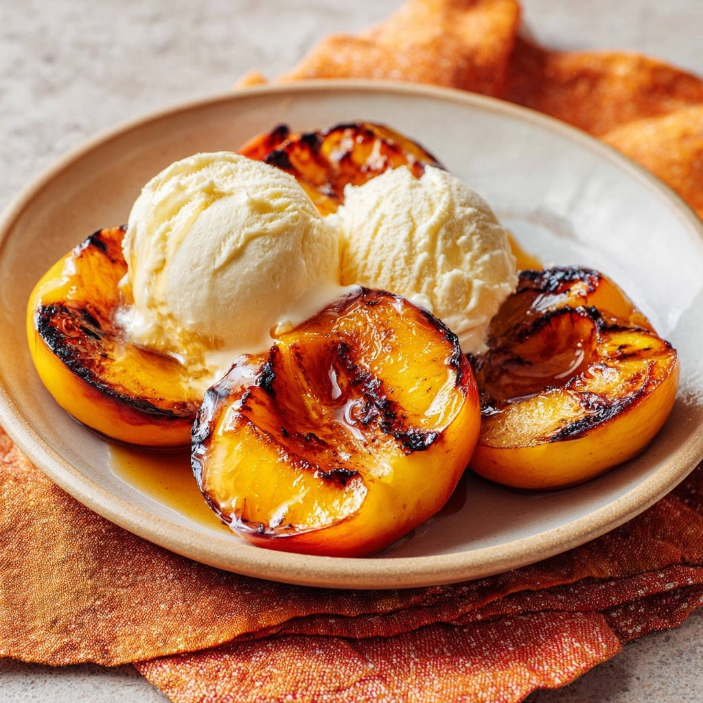 Grilled peaches with vanilla ice cream, showing the scoops melting over the warm, caramelized fruit.