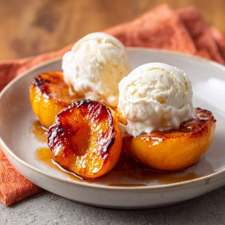 Grilled peaches with vanilla ice cream, showing two scoops melting over the warm fruit in a close-up view.