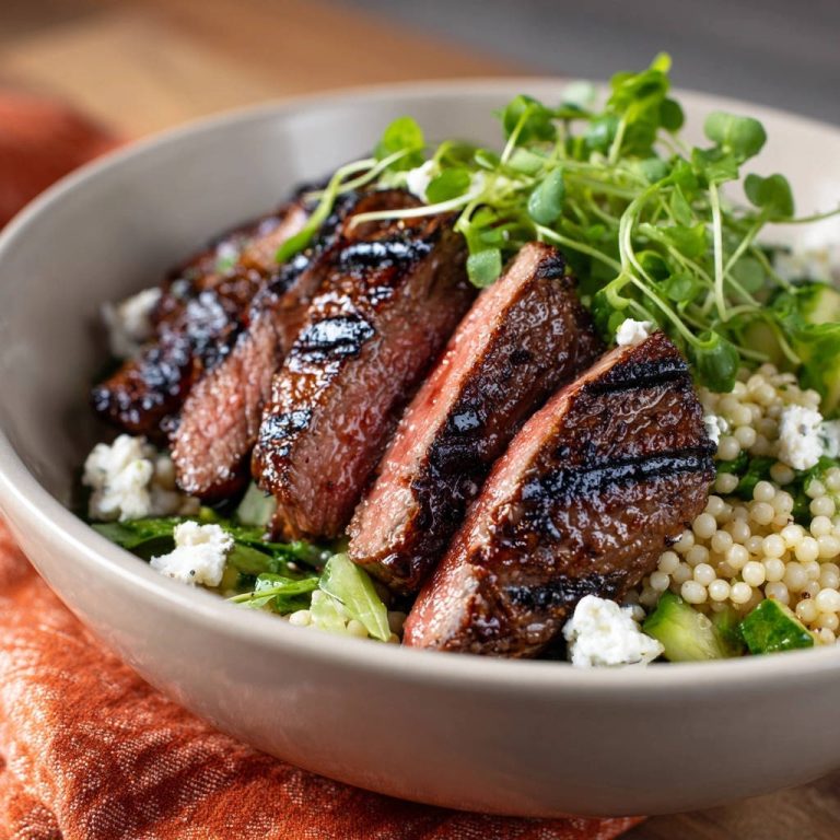 Perfectly grilled steak and couscous bowl shown as a close-up showcasing the sliced tender steak and vibrant greens.