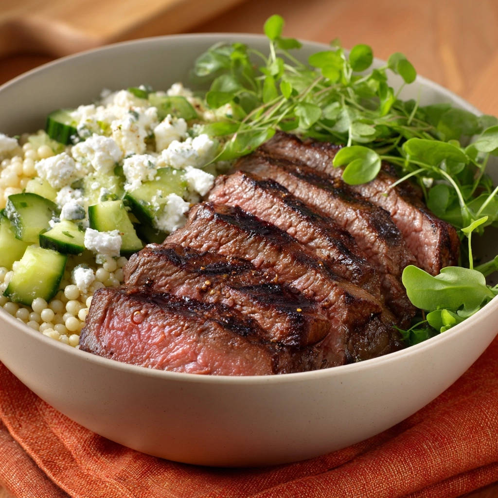 Perfectly grilled steak and couscous bowl featuring a close-up of the sliced steak revealing its juicy interior.