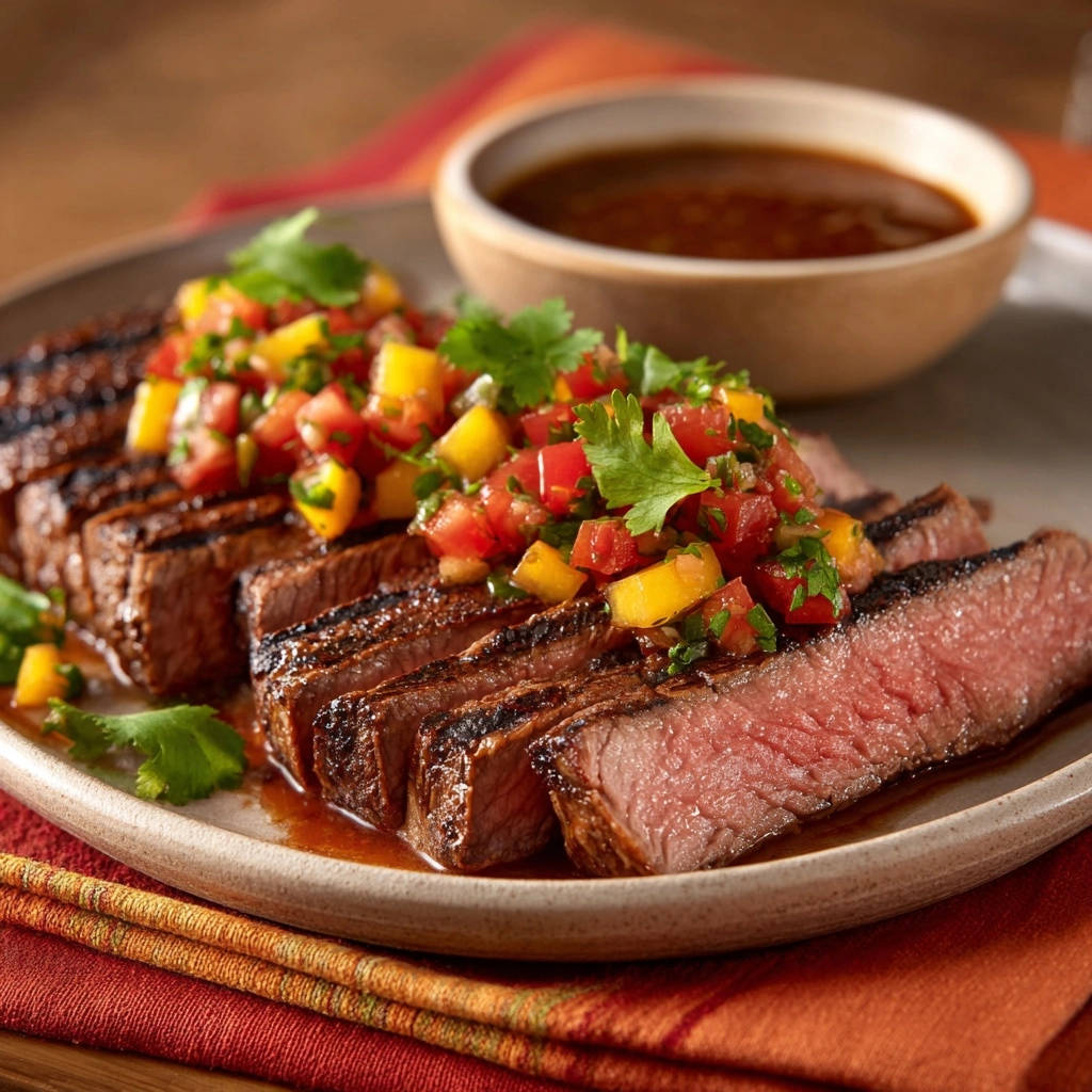 Perfectly grilled steak with mango salsa, sliced to reveal a tender cross-section and served with dipping sauce.