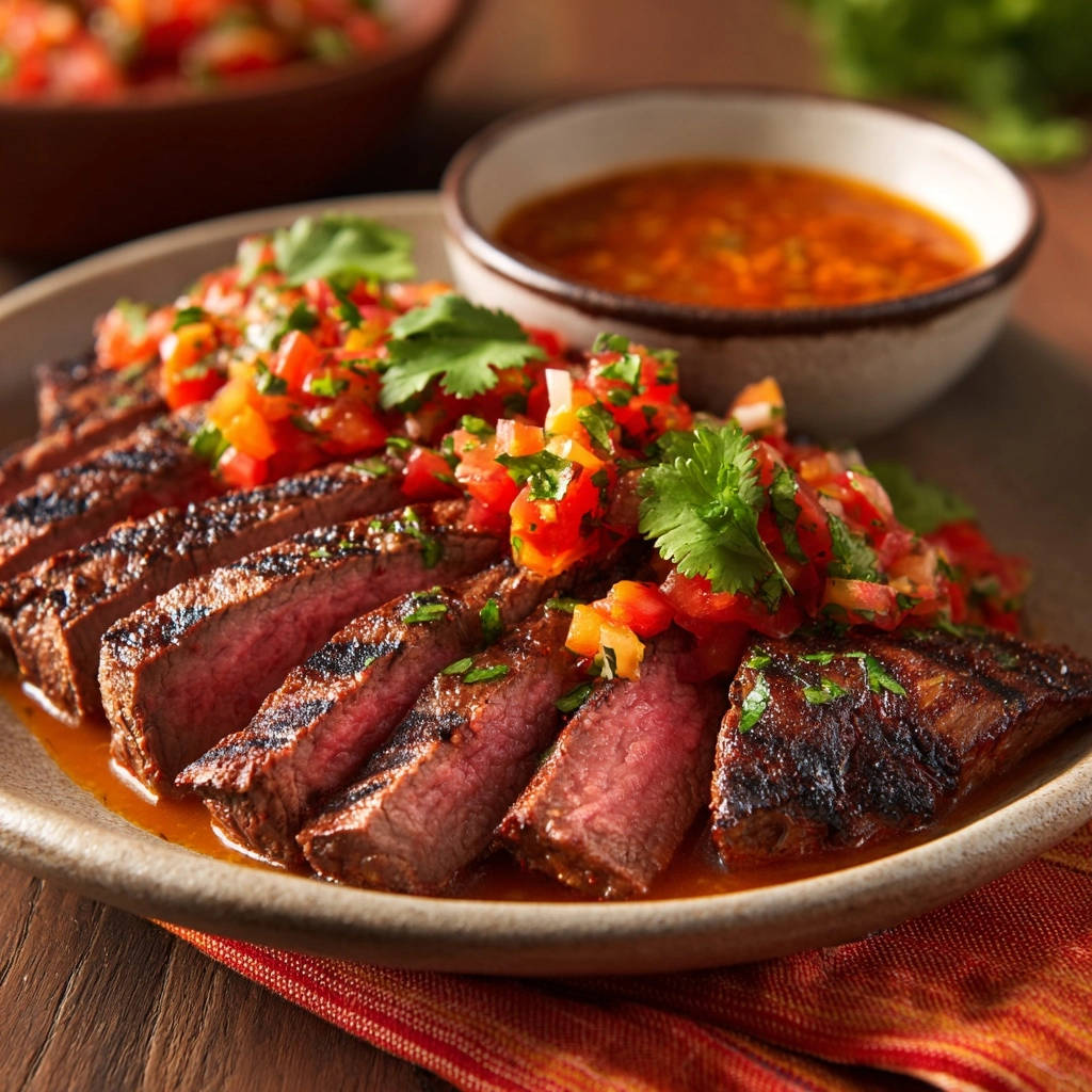 Perfectly grilled steak with mango salsa, sliced and plated, showcasing a juicy interior and vibrant topping.