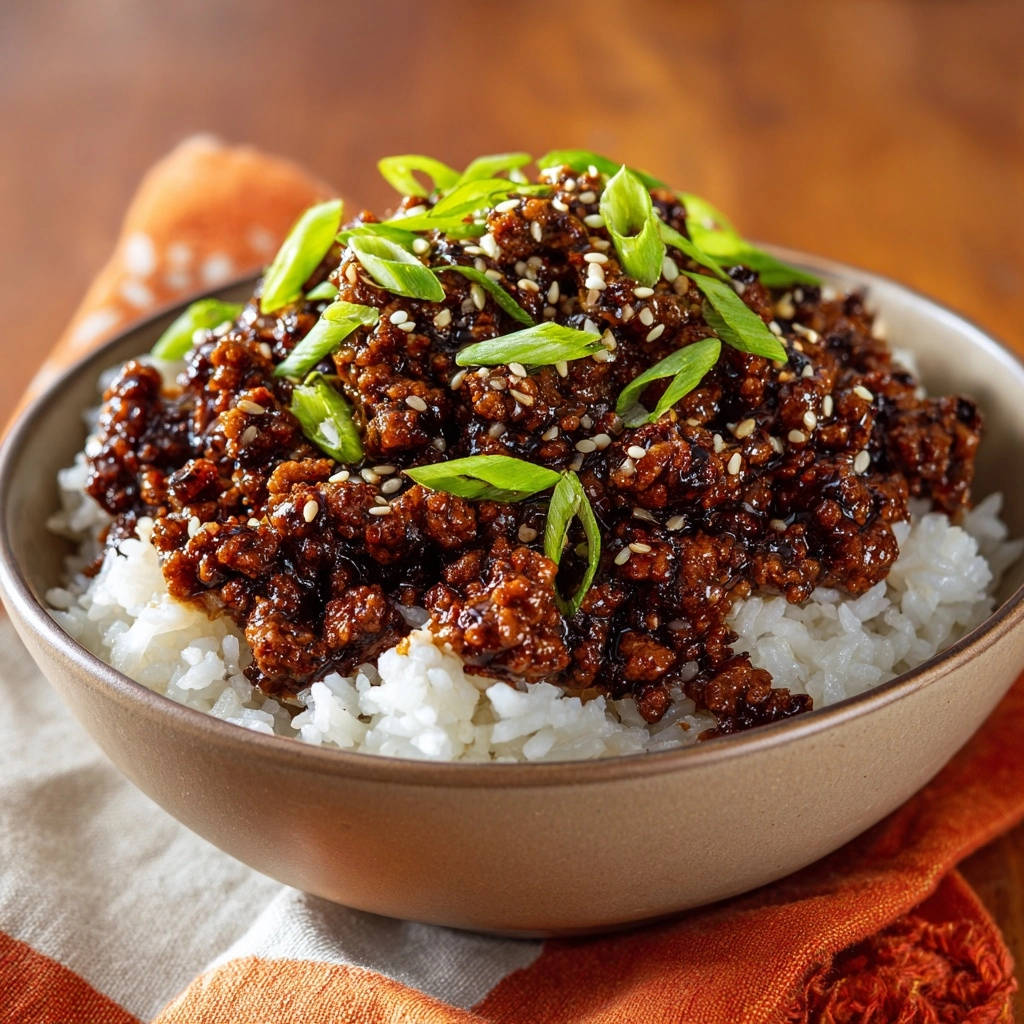 Quick ground beef bowls with a close-up view of the savory meat topping garnished with green onions and sesame seeds.