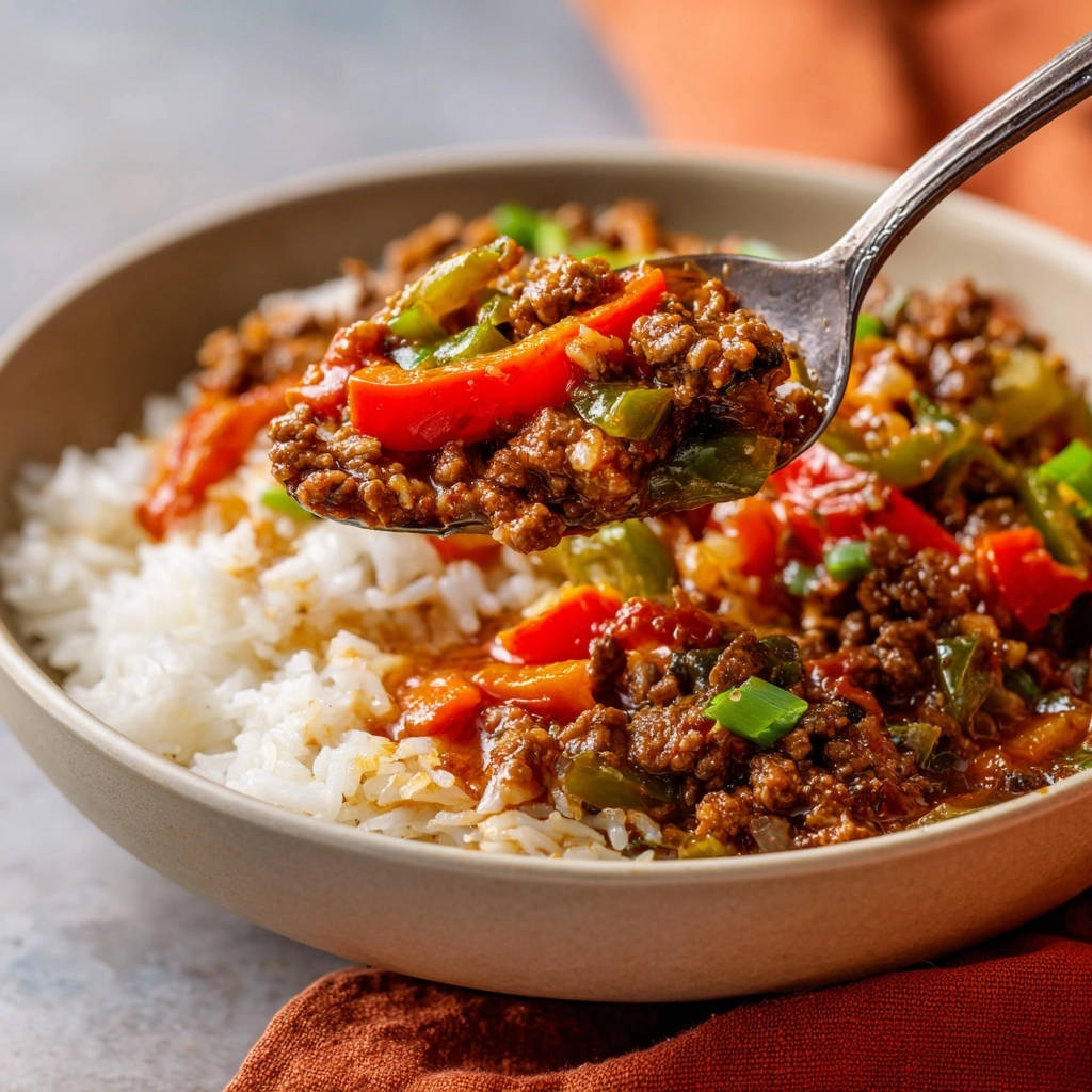 Easy Weeknight Ground Beef and Peppers in a spoonful being served over fluffy white rice.
