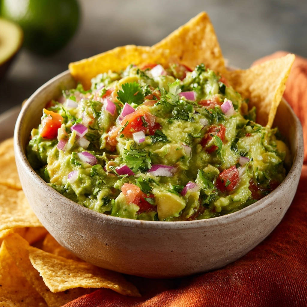 Guac that stays green shown in a rustic bowl with tortilla chips and fresh cilantro and onion garnish.
