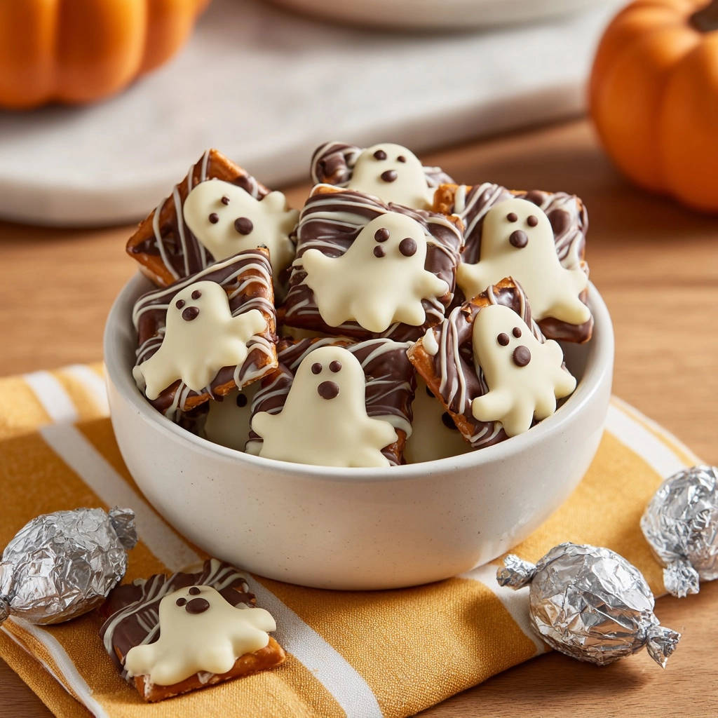 Halloween pretzel ghosts with white chocolate and chocolate drizzle in a white bowl, a festive fall treat.