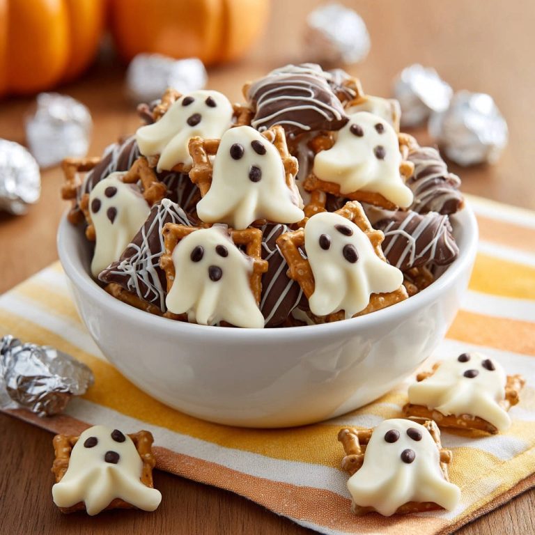 Halloween pretzel ghosts feature white chocolate ghosts with dark chocolate eyes and mouths in a white bowl.