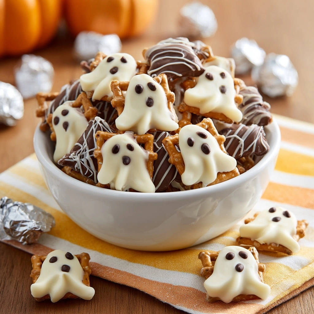 Halloween pretzel ghosts feature white chocolate ghosts with dark chocolate eyes and mouths in a white bowl.
