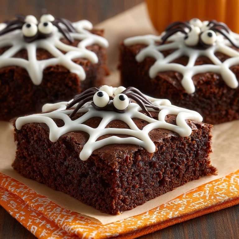 Halloween spiderweb brownies with a close-up view of a chocolate spider and white icing web on top.