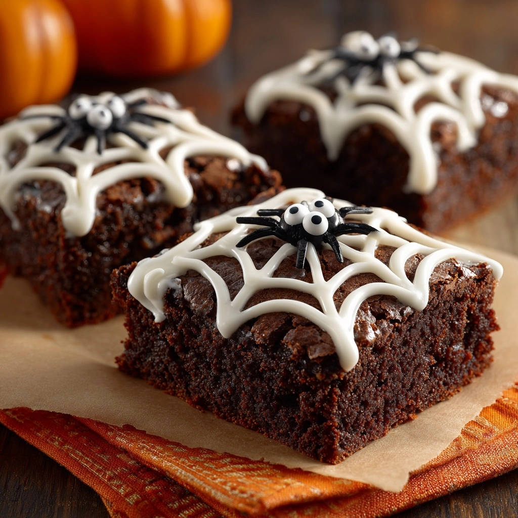 Halloween spiderweb brownies with a detailed black spider and white frosting web on top.