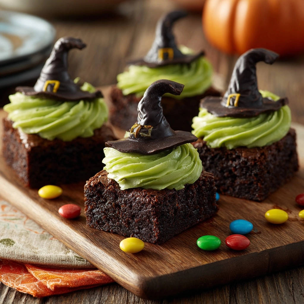 Halloween witch hat brownies with chocolate hats and green frosting, arranged on a wooden board with candy.