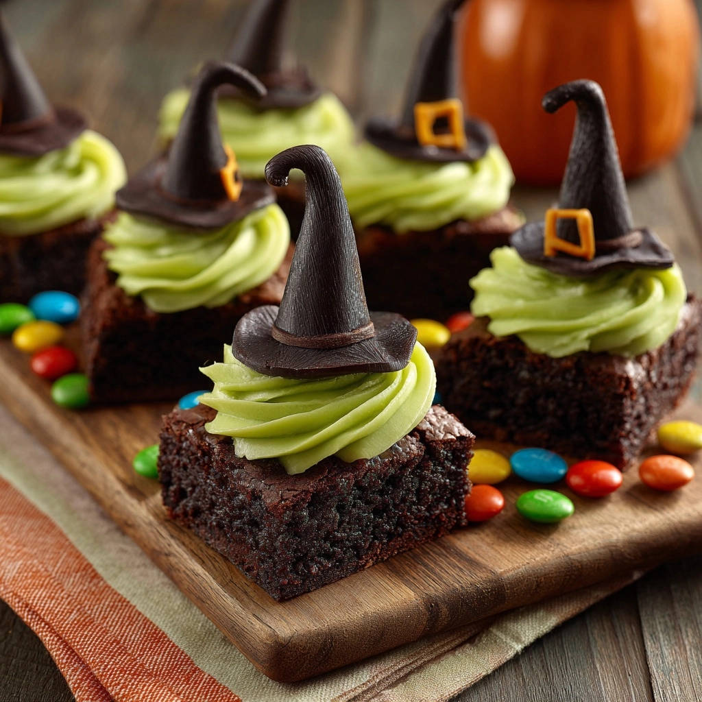Halloween witch hat brownies with a close-up of a chocolate witch hat atop green frosting.