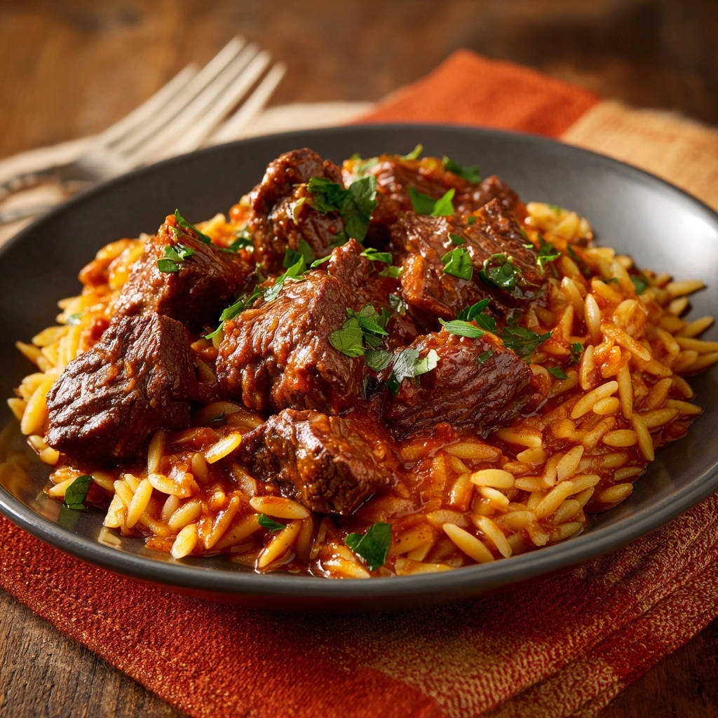 Hearty beef orzo stew served in a dark bowl, showcasing tender beef chunks and orzo pasta with a close-up view.