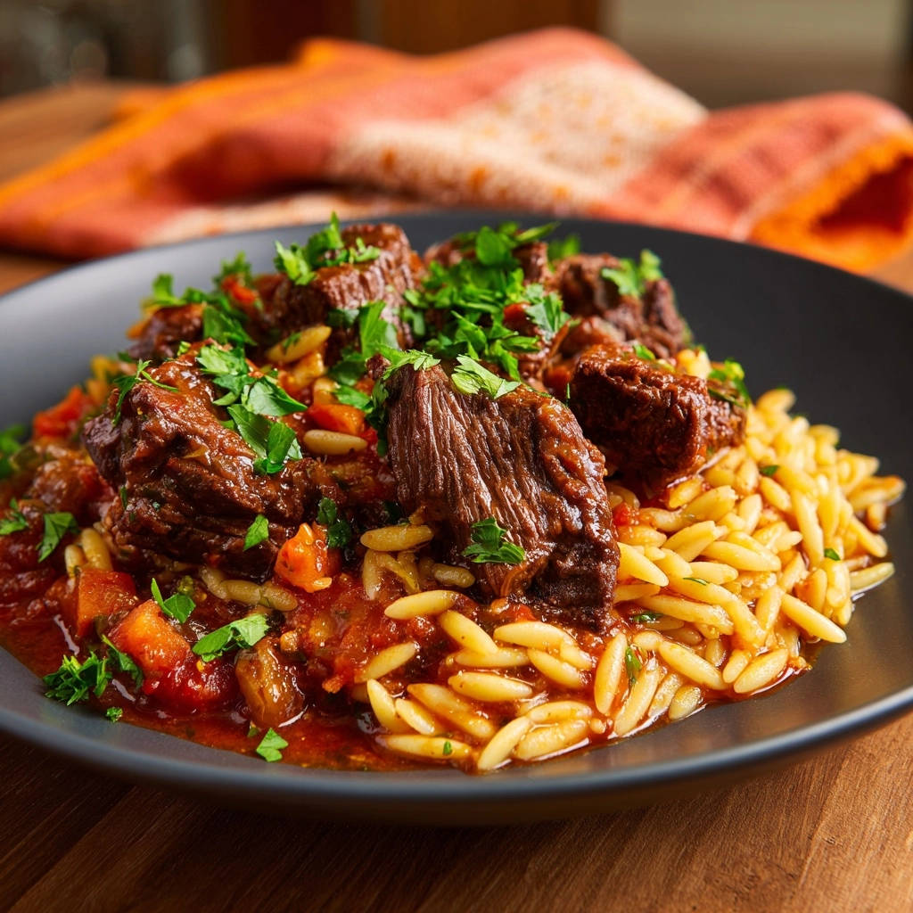 Hearty Beef Orzo Stew plated with tender beef chunks and garnished with fresh parsley.