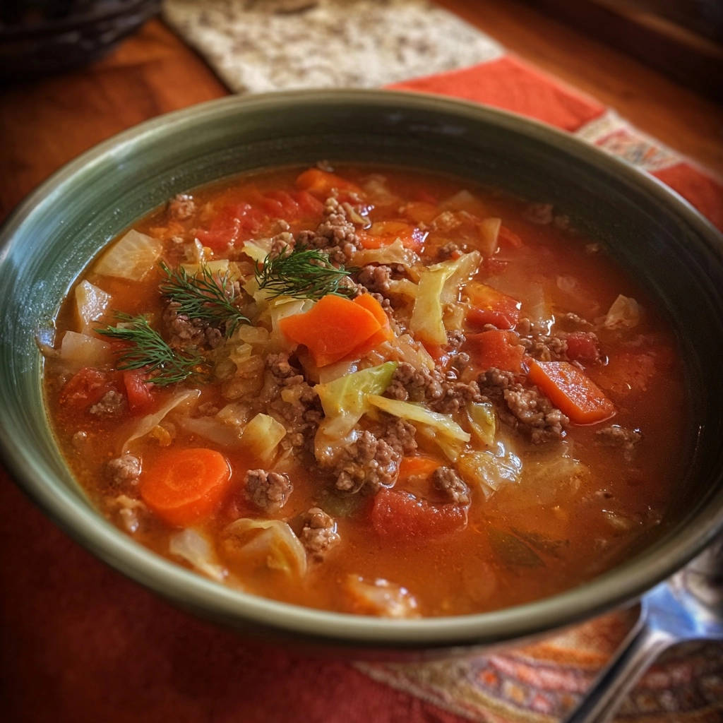 Hearty cabbage & beef soup shown in a close-up view of a green bowl, featuring tender chunks of vegetables and seasoned ground beef.